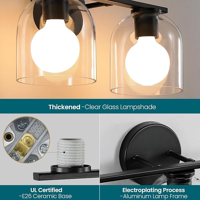 WOSHITU Bathroom Vanity Light Fixtures: 14.2 Inch Modern Black Vanity Lighting Fixtures Over Mirror with Clear Glass Shade, Matte Black 2 Light Fixtures for Bathroom Above Mirror, Wall Mount Sconces