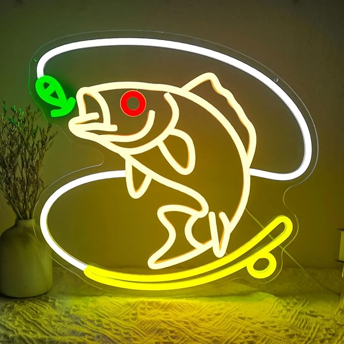Fishing Neon Sign, Dimmable Fish LED Neon Lights for Wall Decor, USB Powered Fishing Hook Neon Lights for Man Cave, Cabin, Living Room, Fishermen Gifts (14.6 x 13.3 in)