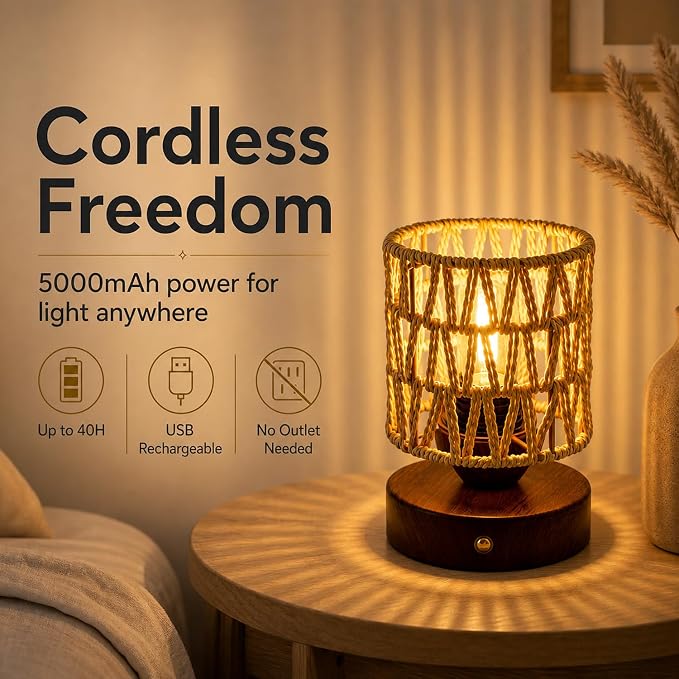 Cordless Operated Rattan Lamp, 5000mAh Rechargeable Dimmable Handwoven Open Weave Drum Table Lamp with Edison Bulb, Boho Nightstand Light for Bedroom Home Decor