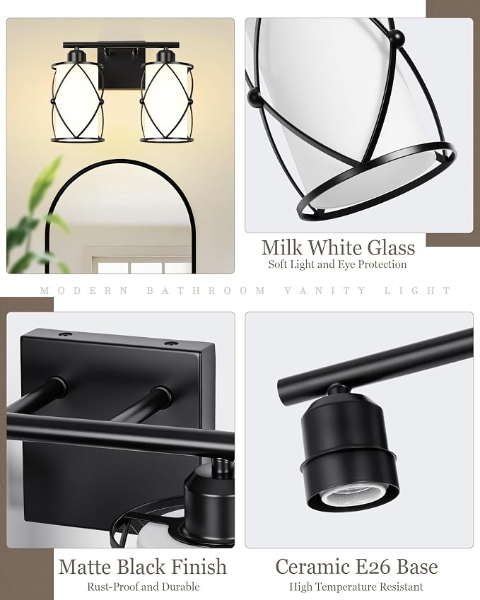 2-Light Black Bathroom Light Fixtures with Milk White Frosted Glass, 13.8" Modern Bathroom Vanity Lighting Fixtures Over Mirror with Metal Cage, Wall Sconce Lights for Bath, E26, CH9176BKW-2W