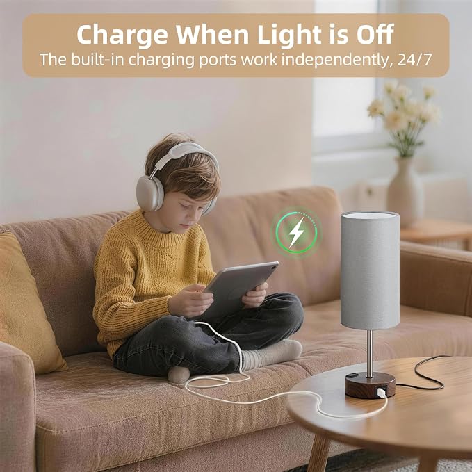 Table Lamp for Nightstand, High-Sensitivity Touch, 3-Level Dimmable Bedside Lamp with AC Outlet | USB | and USB-C, Ideal Night Stand Lamp for Bedroom (1, Grey&Walnut)