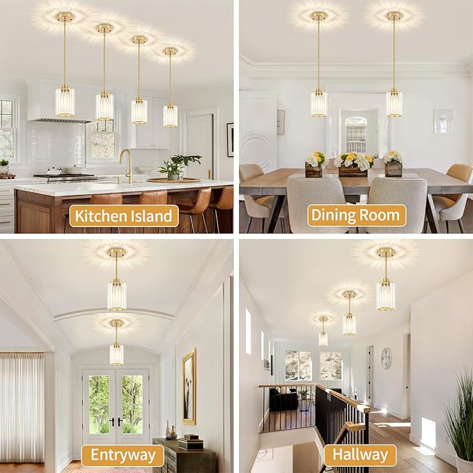 2 Pack Crystal Pendant Lights Kitchen Island, Brushed Brass Kitchen Pendant Lighting Over Island, Modern Dining Room Light Fixtures Adjustable Hanging Pendant Light for Bathroom Hallway Bedroom Foyer