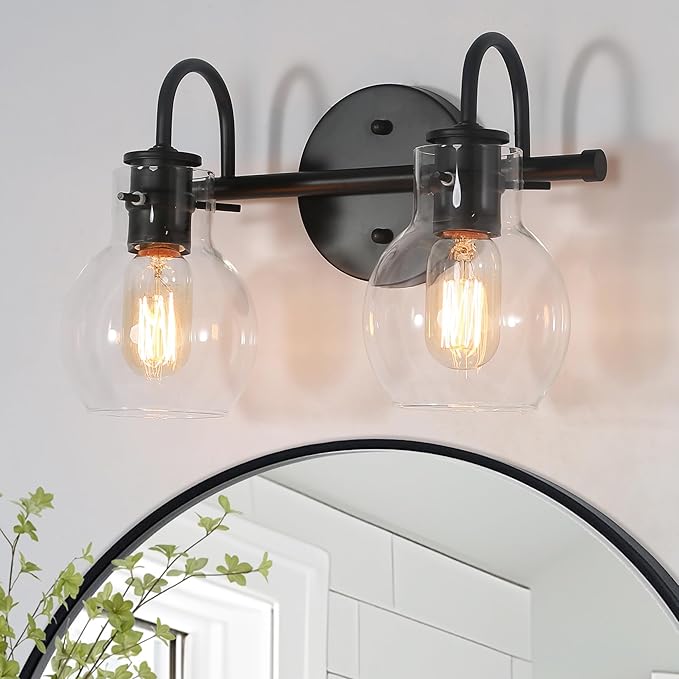KSANA Black Bathroom Light Fixtures, 2-Light Modern Farmhouse Black Vanity Lights with Clear Glass Shade Over Mirror for Hallway, Kitchen, Bedroom, and Living Room