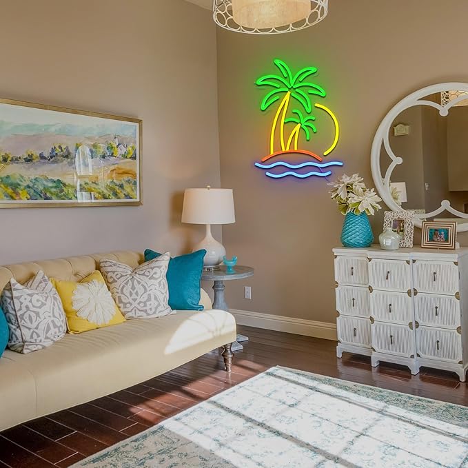 Coconut Tree Neon Sign for Wall Decor Dimmable Beach Sunset Led Sign for Bedroom Tropical Palm Tree Neon Light for Tiki Bar Hawaii Club Summer Beach Party Decoration