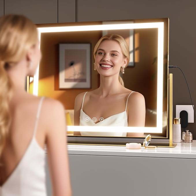 Hasipu Vanity Mirror with Lights, 23.6" x 18.1" LED Makeup Mirror, Light up Mirror with 10X Magnification, USB Charging Port, Smart Touch 3 Colors Dimmable, 360° Rotation (Gold)