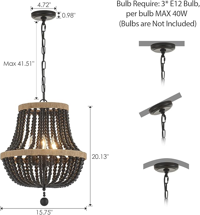 3-Light Boho Chandelier Farmhouse, Wood Bead Pendant Light, Black Rustic Hanging Light Fixture for Kitchen Entryway Bedroom Nursery Dining Room Foyer
