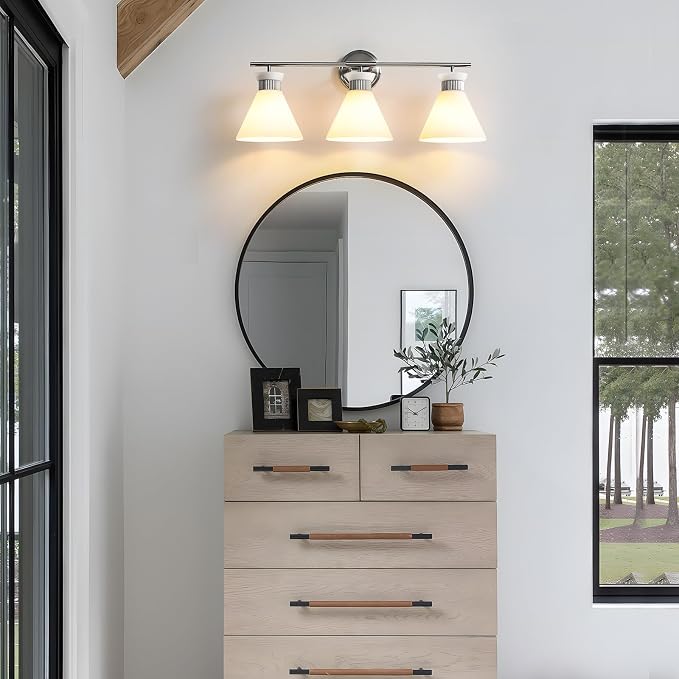 WOSHITU Nickel Bathroom Vanity Light Fixtures: Vanity Lighting Fixtures Over Mirror 23.4 inch with Milky White Frosted Glass, 3-Lights Vanity Light Above Mirror Bathroom Wall Light(Exclude Bulb)