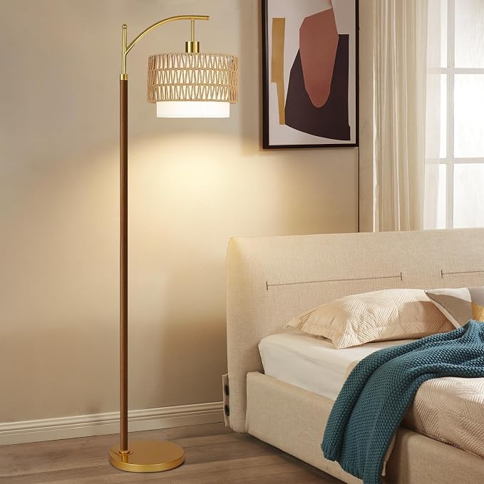 ZECOXOL Boho Floor Lamps for Living Room Rattan Floor lamp with Remote Control & 3 Color Temperatures,Vintage Wood Mid Century Modern Standing Lamp Dimmable Tall Floor Lamp for Bedroom Corner