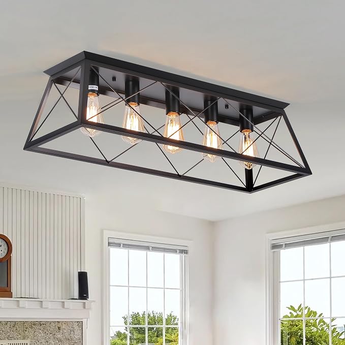 31.5" Black Flush Mount Ceiling Light Fixture, 5-Light Vintage Industrial Cage Chandelier for Dining Room, Kitchen Island, Living Room, Dimmable Large Semi Flush Mount Close to Ceiling Light