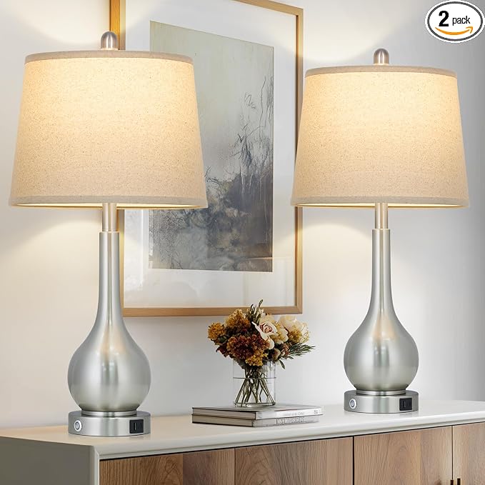 26" Silver Metal Table Lamps Set of 2 for Bedrooms, Touch Control Bedside Lamps for Nightstand with Charging Port, 3-Way Dimmable End Table Lamp for Living Room (2 LED Bulbs Included)