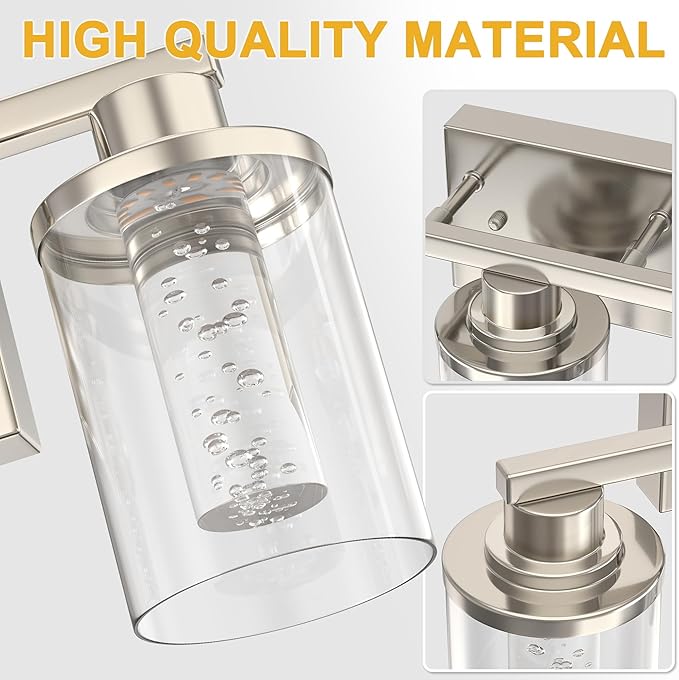 L LOHAS LED 3-Light Brushed Nickel Vanity Lights with 5CCT, Eye Protection LED Bathroom Light Fixtures, Dimmable Modern Bathroom Vanity Light Over Mirror with Clear Glass Shade
