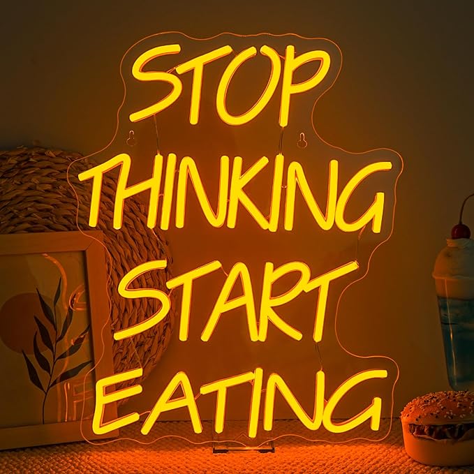 Stop Thinking Start Eating Neon Sign - Fun LED Wall Decor for Restaurants, Kitchens & Food Lovers, USB-Powered with Adjustable Brightness, Humorous Dining Lighting