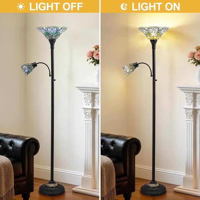 Luvkczc Tiffany-Style Floor Lamp, Stained Glass Lamp Victorian Style with Adjustable Gooseneck Reading Lamp – 70" Tall Torchiere Floor Lamps for Living Room