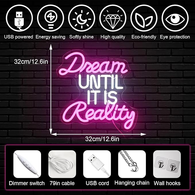 Horseneon Dream Until It Is Reality Neon Led Sign, Letter Neon Signs for Wall Decor, Neon Lights with USB Powered for Bedroom, Office, Livingroom, Study (Pink&White)
