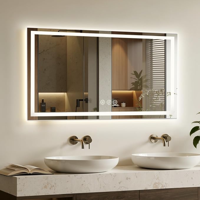 55x30 LED Bathroom Mirror with Anti-Fog, Backlit & Front Lit, Memory | Stepless Dimmable 3 Color CRI 95+ Shatterproof Tempered Glass ETL Listed for Safety Lighted Bathroom Vanity Mirror for Wall