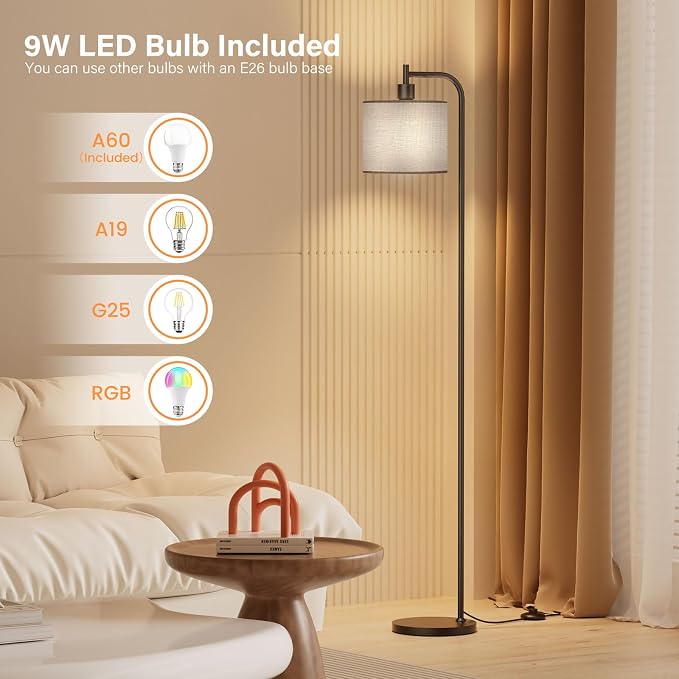 Floor Lamp for Living Room, Tall Standing Lamp with Linen Shade | Dimmable with Remote Control, 3 Color Temperatures, 9W LED Bulb Included, Ideal for Bedroom, Office and Reading Corner