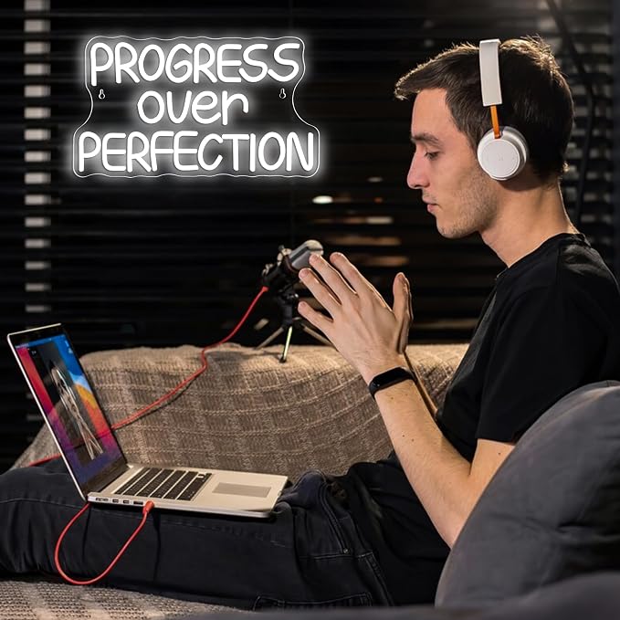Progress Over Perfection Neon Sign, LED Dimmable Inspirational Classroom Positive Neon Sign, USB Powered for Motivational Classroom Decor Positive Affirmation Mental Office(15.7 * 9 in)