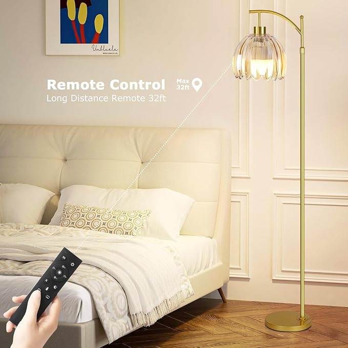 QIYIZM Glass Floor Lamp for Living Room,Bedroom,Gold Dimmable Standing Lamp with Remote,Mid Century Modern Brass Tall Lamp Boho Floor Lamps Arc Stained Flower Floor Light Lamp Girls Bohemian