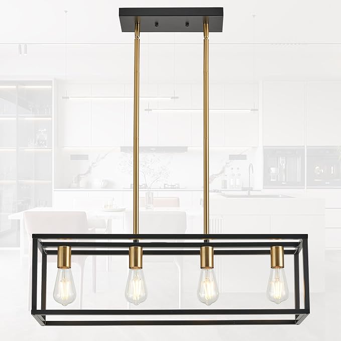 Black&Brushed Brass Kitchen Light Fixtures Farmhouse Rectangle Chandeliers Dining Room Light for Dining Rooms, Light Fixture Matte 4-Light Industrial Pendant Lighting