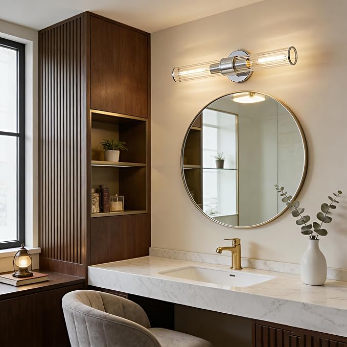 Hardwired Chrome Bathroom Vanity Light Threaded Glass Wall Sconce | Up & Down Bidirectional Lighting, Damp Rated For Bathrooms, Dimmable, 5-Year Manufacturer Warranty, UL Certification