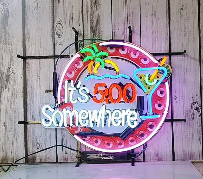 Neon Signs Compatible For It's 5:00 Somewhere Palm Tree Martini Beer Bar Bedroom Light Glass Neon Signs for Pub Cafe Man Cave Neon Light Art Wall Lights 24 X 20 Inches