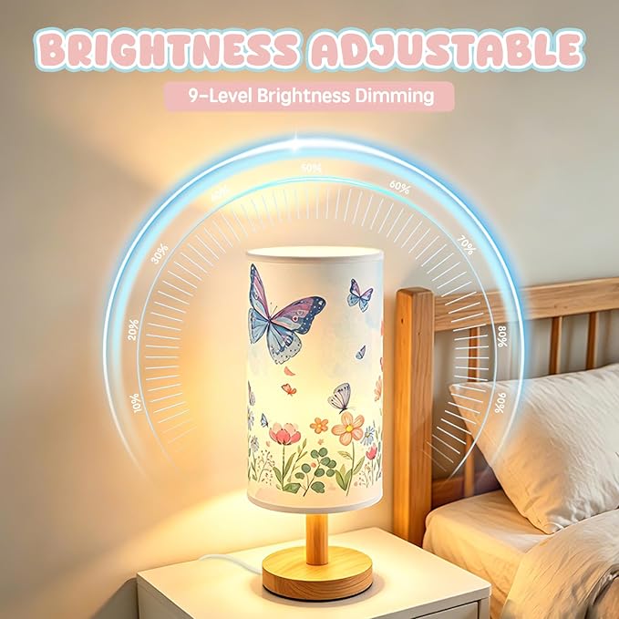 Butterfly Table Lamp for Kids Bedroom, 3-Way Dimmable Bedside Lamp with Wooden Base and Fabric Shade, Floral Butterfly Nursery Night Light for Girls Room Decor, Cute Butterfly Gifts for Kids