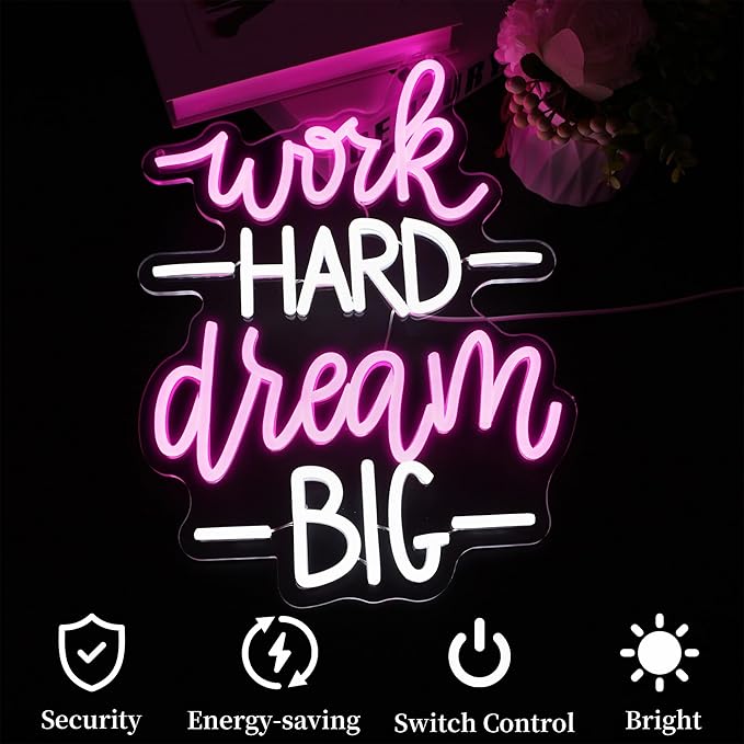 Work Hard Dream Big Neon Sign Led Neon Lights Neon Signs for Wall Decor Light Up Sign for Birthday Party Club Gift