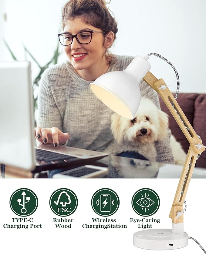 ELYONA White Desk Lamp with Wireless Charger, Solid Wood Table Lamp with USB C Charging Port, Swing Arm Reading Task Light with 5W LED Bulb for College Dorm, Office, Living Room, Bedroom, Farmhouse