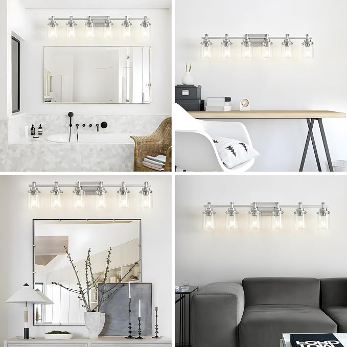 6-Light Bathroom Vanity Light, Brushed Nickel Fixtures Over Mirror, Wall Mount with Clear Glass Shade, Modern Wall Sconce