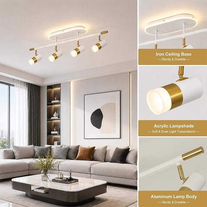 Jaycomey 4-Light LED Track Lighting Fixtures Ceiling, 41W Dimmable Track Light with Remote, 3000K-6500K Adjustable Ceiling Light Spotlights, 35 in White Gold Light Fixture for Kitchen Bedroom