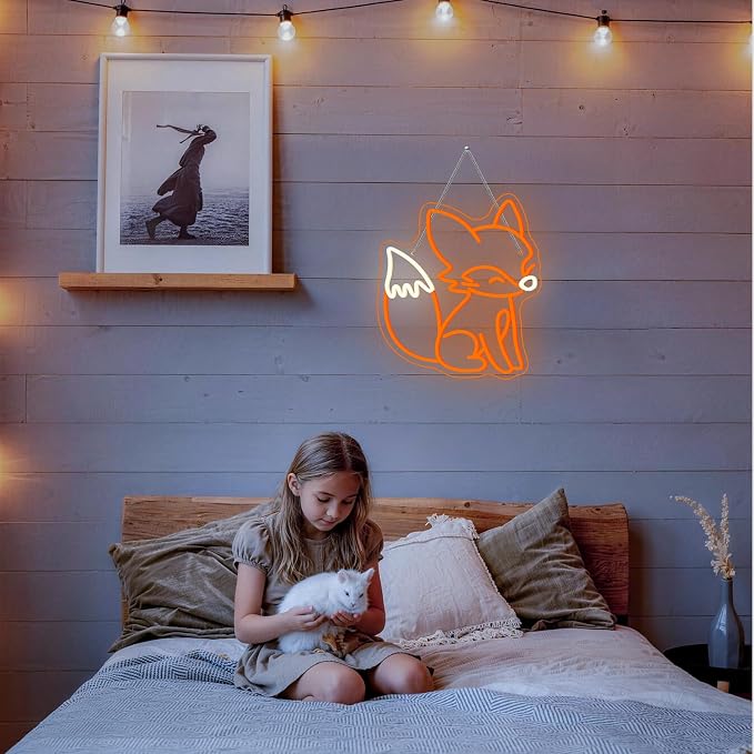 Fox Neon Sign Animal Neon Light for Classroom Bedroom Living Room Fox Wall Decor Anime LED Sign Orange Light Up Library Nursery Book Store Birthday Gifts for Teens Animal Lovers