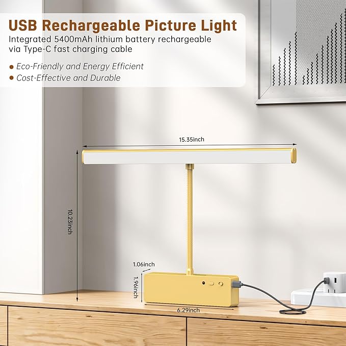 Picture Light, 15.35inch Picture Lights for Wall Rechargeable, Battery Wall Light Over Picture Frame, 3 Color Art Lighting for Paintings with Timer and Dimmable Artwork Display (Gold-2PCS)