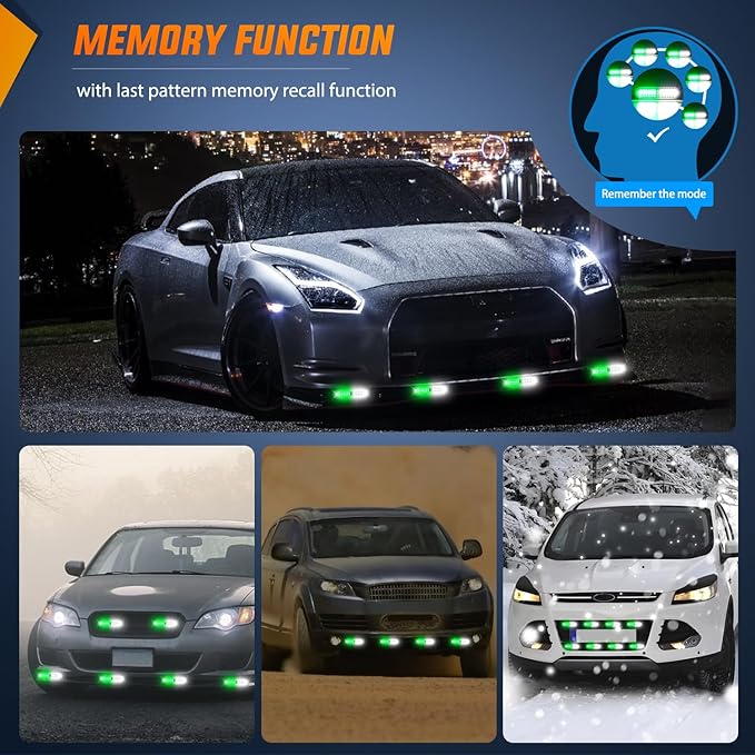 Nilight 8PCS Led Strobe Lights with Controller 12V 24V Sync Feature Green White Strobe Light 12 LED Surface Mount Emergency Hazard Warning Lights with Strobe Controller for Vehicle Car Truck RV ATV
