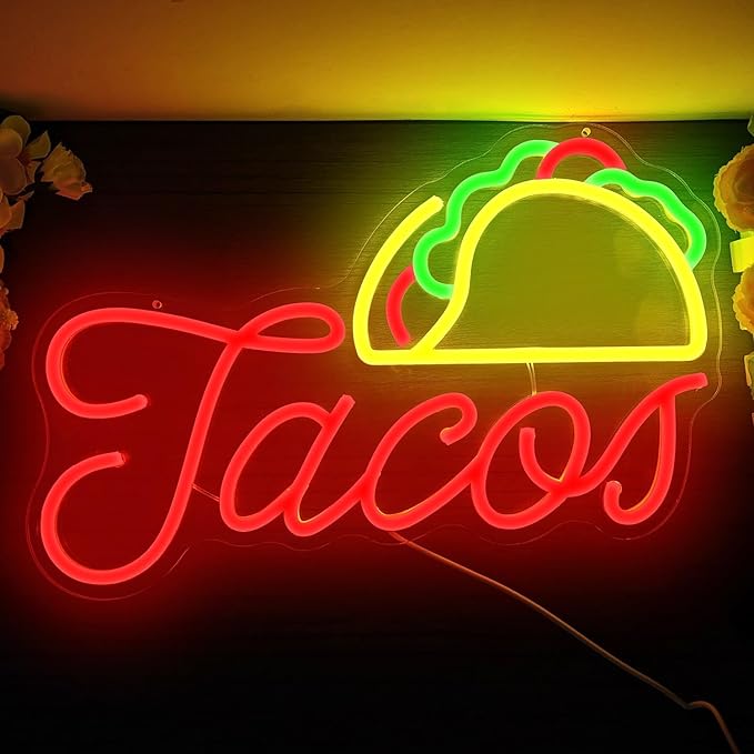 Tacos Neon Sign for Wall Decor Dimmable Led Neon Signs for Business Mexican Food Neon Light Tacos Neon Lights Sign Light Up Sign for Tortilla Tacos Shop Beer Bar Pub Restaurant Christmas Decor