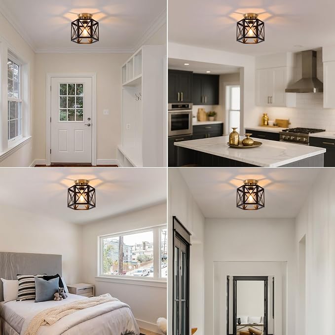 XSDeTu Black Gold Flush Mount Ceiling Light Fixtures, Farmhouse Ceiling Lights with Hexagonal Metal Cage, Modern Close to Ceiling Lamp, Small Chandelier for Kitchen Hallway Porch Bedroom, 2 Pack