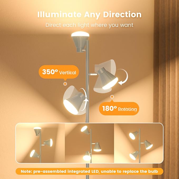 36W LED Tree Floor Lamp, Dimmable Tall Standing Lamp with Remote & Touch Control, 4 Color Temperatures Bright Floor Lamp, 3 Rotatable Light Modern Floor Lamps