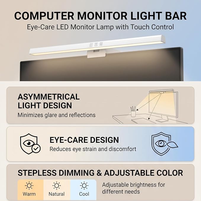 GLOGLOW Monitor Light Bar, ABS Touch Control LED Screen Lamp (White) | Asymmetrical Non-Glare Eye Protection Lighting, 60 Minute Auto Shutoff Timer Desktop Workstation for Student Dorm Study Space