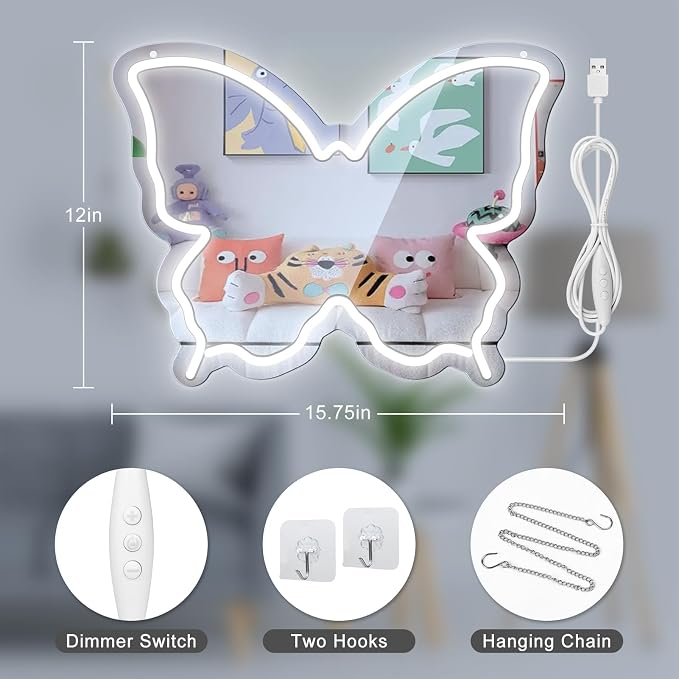 Butterfly Neon Sign Mirror, LED Neon Sign for Wall Decor, 15.7'' x 12'' Dimmable Neon Light for Teen Girls & Kids Birthday Gift, Neon Signs for Room Decor, Wall Mirror, USB Powered (Daylight White)