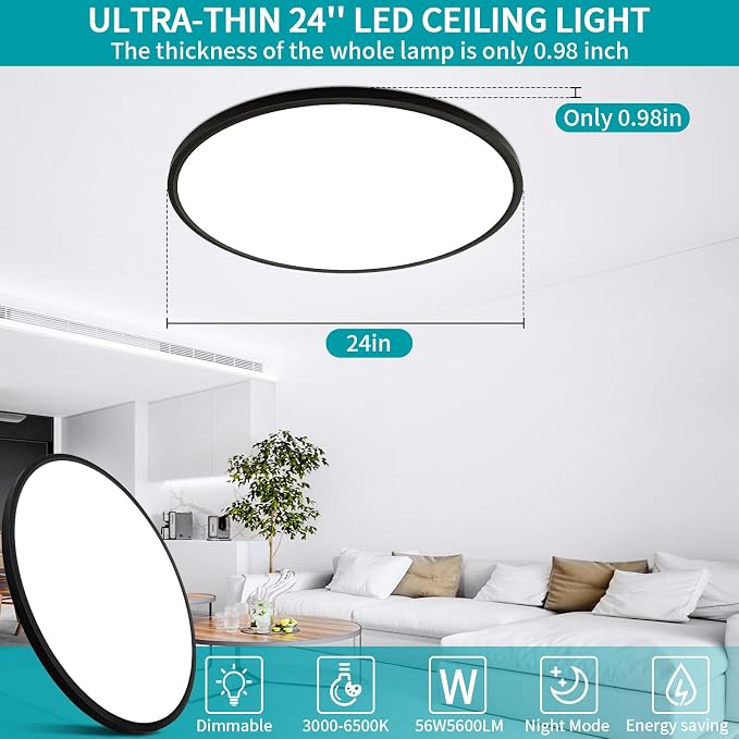 24'' Large Flush Mount Ceiling Light Fixture Dimmable with Remote Control | 56W 5600Lm, Ultra Thin, Modern, Round, Black Led Ceiling Lamp for Kitchen, Dining Room, Bedroom, Living Room, Home Office