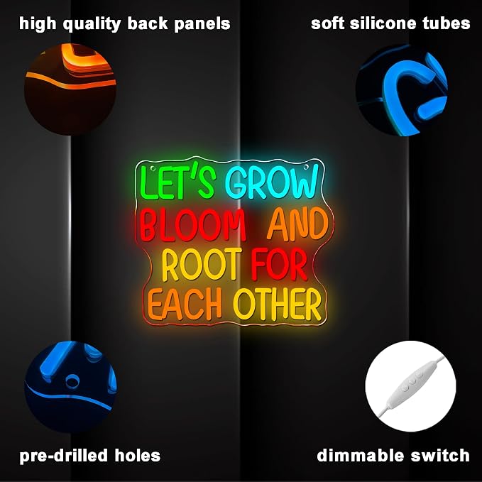 Lets Grow Bloom And Root For Each Other Wall Art Hanging Neon SIign Boho Classroom Neon Light Wall Decor for Classroom Poster Homeschool Therapy Office Playroom Decor Motivational Inclusive Class(13.3*11.4in)