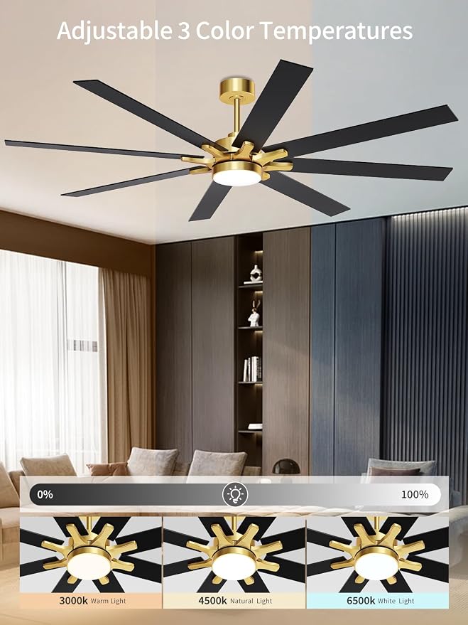 LANMEL Metal Ceiling Fan with Lights and Remote, 72 Inch, Gold & Black | Modern Low Profile Flush Mount, Reversible, 3CCT Dimmable, Quiet, LED, For Bedroom, Living Room, Indoor/Outdoor Patio Use