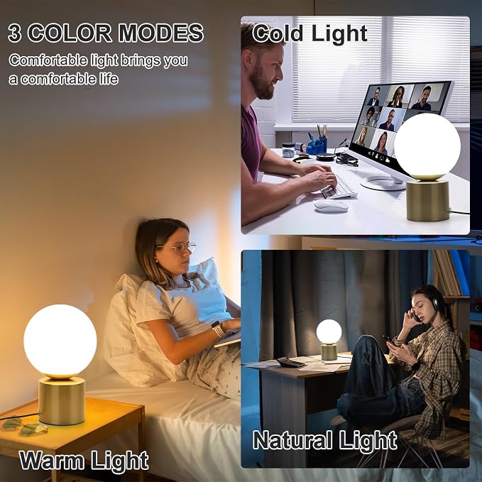Modern Small Table Lamps,Opal Glass Bedside Table Lamp Gold | LED Dimmable with 3 Colors Desk Lamp,Gold Bedside Desk Lamp for Bedroom Living Room Nightstand Simple Design Small Lamp