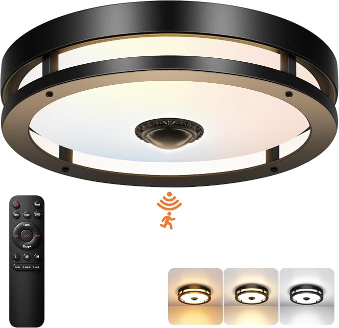 Outdoor Motion Sensor Ceiling Light with Remote, Tunable White Exterior Flush Mount Ceiling Lights, 12" Outdoor Porch Light Fixture for Garage, Entryway, Patio