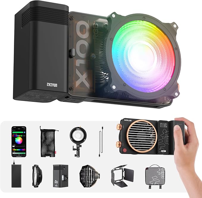 ZHIYUN MOLUS X100 RGB PRO 100W Continuous Output Lighting [Official] V2 Upgraded Version Portable Video Light Handheld Professional Photography Lighting CRI≥95 TLCI≥97 2500K~10000K Only 384g (Black)