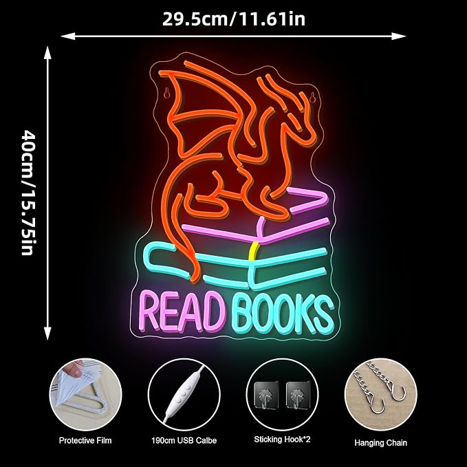 Book Dragon Neon Sign Library Dragon Decor Cool Kids Read Books Reading Corner for Kids Neon Signs for Wall Decor LED Light Library Classroom Book Club Christmas Gift for Teens