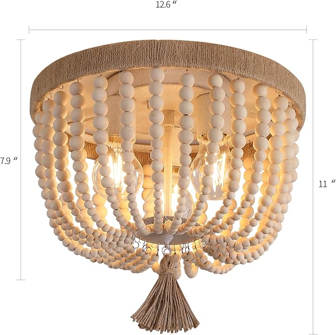 AMZASA Boho Flush Mount Ceiling Light Wooden Beaded Hepm Rope Oak Withe Farmhouse Beaded Chandelier Light Fixture 3 Lights for Nursery Bedroom Hallway Entryway