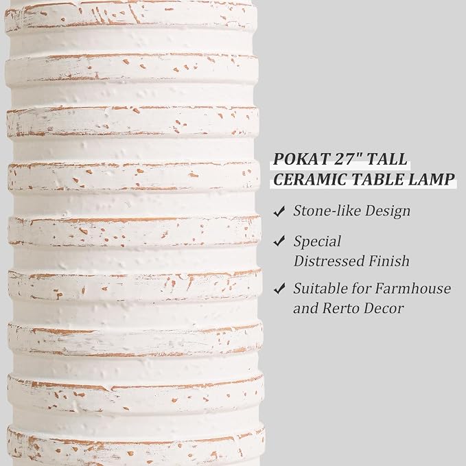 PoKat 27'' Tall Table Lamps for Living Room, Farmhouse Bedside Lamps Set of 2 for Bedroom, Rustic Ceramic Nightstand Lamps with Linen Lampshade Distressed Design for Office Entryway Hallyway (White)