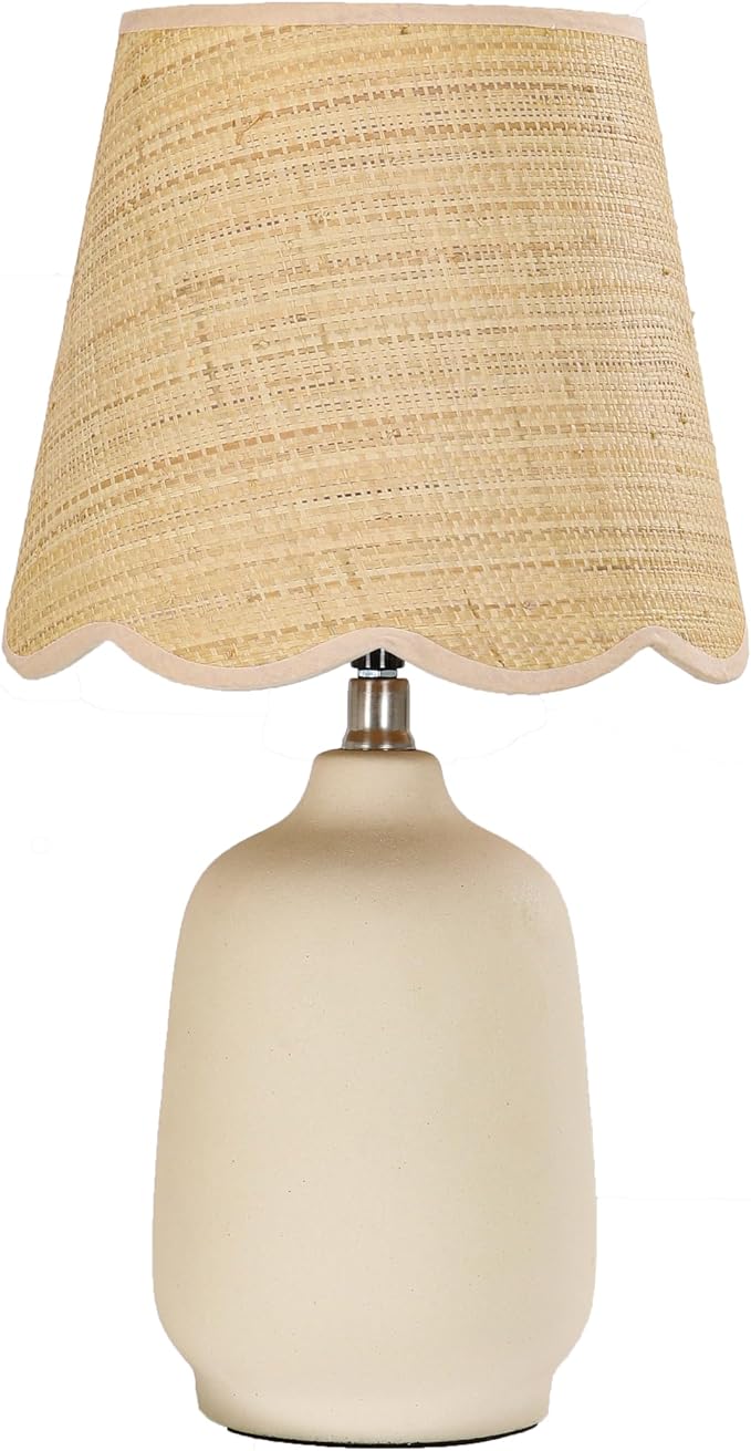 19" Modern Ceramic Table Lamp for Living Room Cream Base Desk Lamps for Bedroom Farmhouse Bedside Nightstand Lamp End Table Lamps,Beige,Rattan Shade