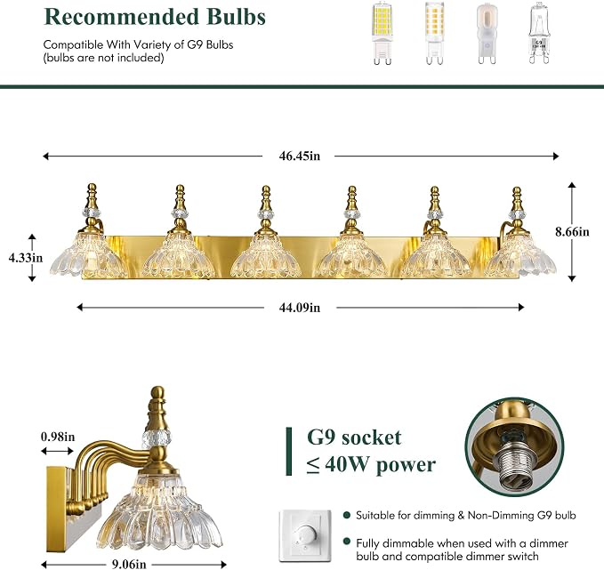 Vintage Bathroom Vanity Light, 6-Light Gold Vanity Lighting Fixture with Flower Glass Shade, Bathroom Lighting Fixtures Over Mirror