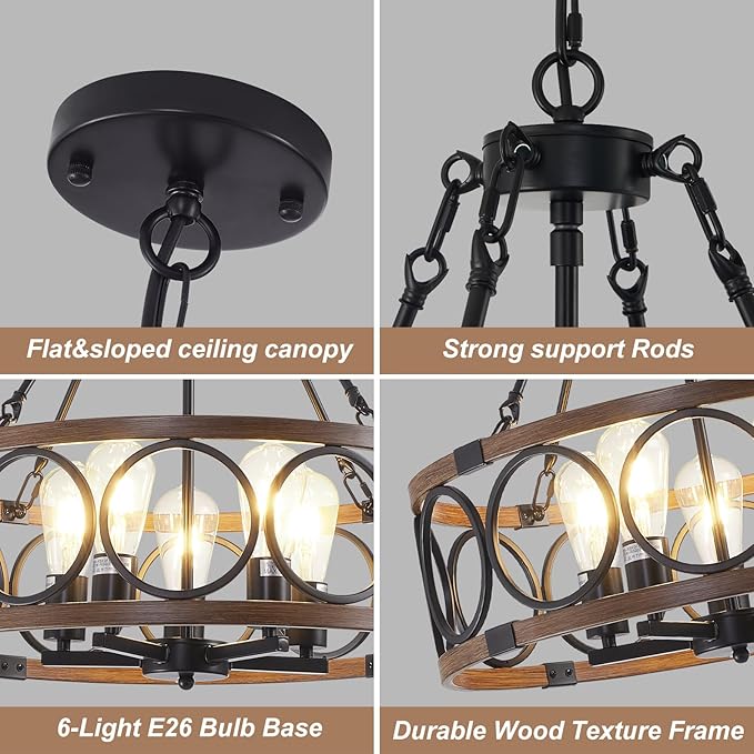 20.5'' Farmhouse Chandelier, 5-Light Walnut Wood Grain Dining Room Light Fixture Over Table, Rustic Industrial Drum Hanging Pendant Lights Fixture for Kitchen Island Bedroom Hallway Foyer Entryway